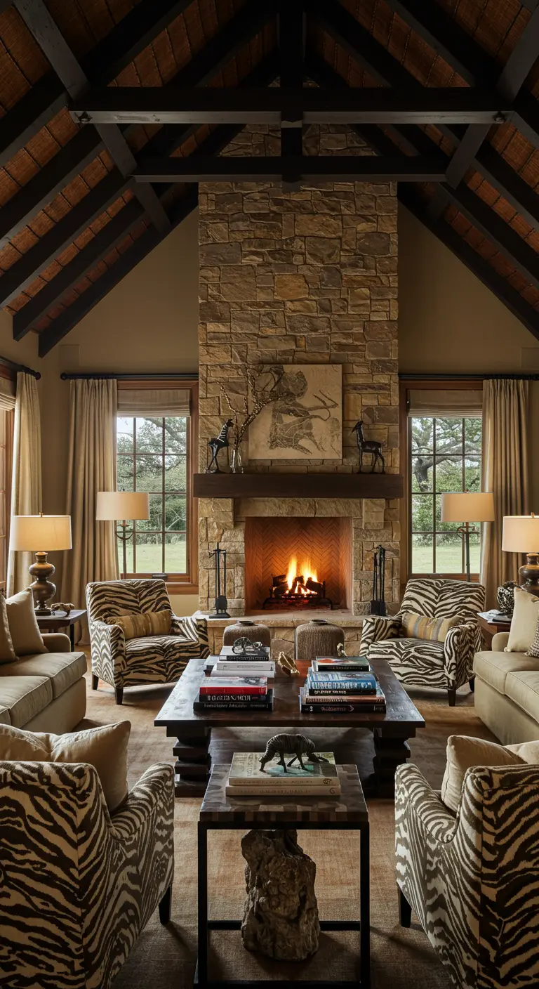 Salón tipo lodge con una gran chimenea de piedra, techo de madera y butacas con estampado de cebra.