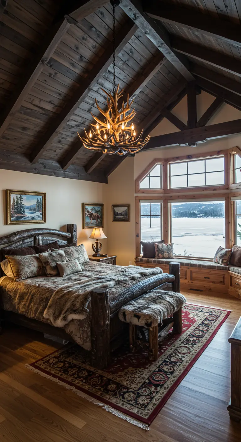 Dormitorio de lujo estilo lodge con cama de troncos, lámpara de astas y vistas a un lago.