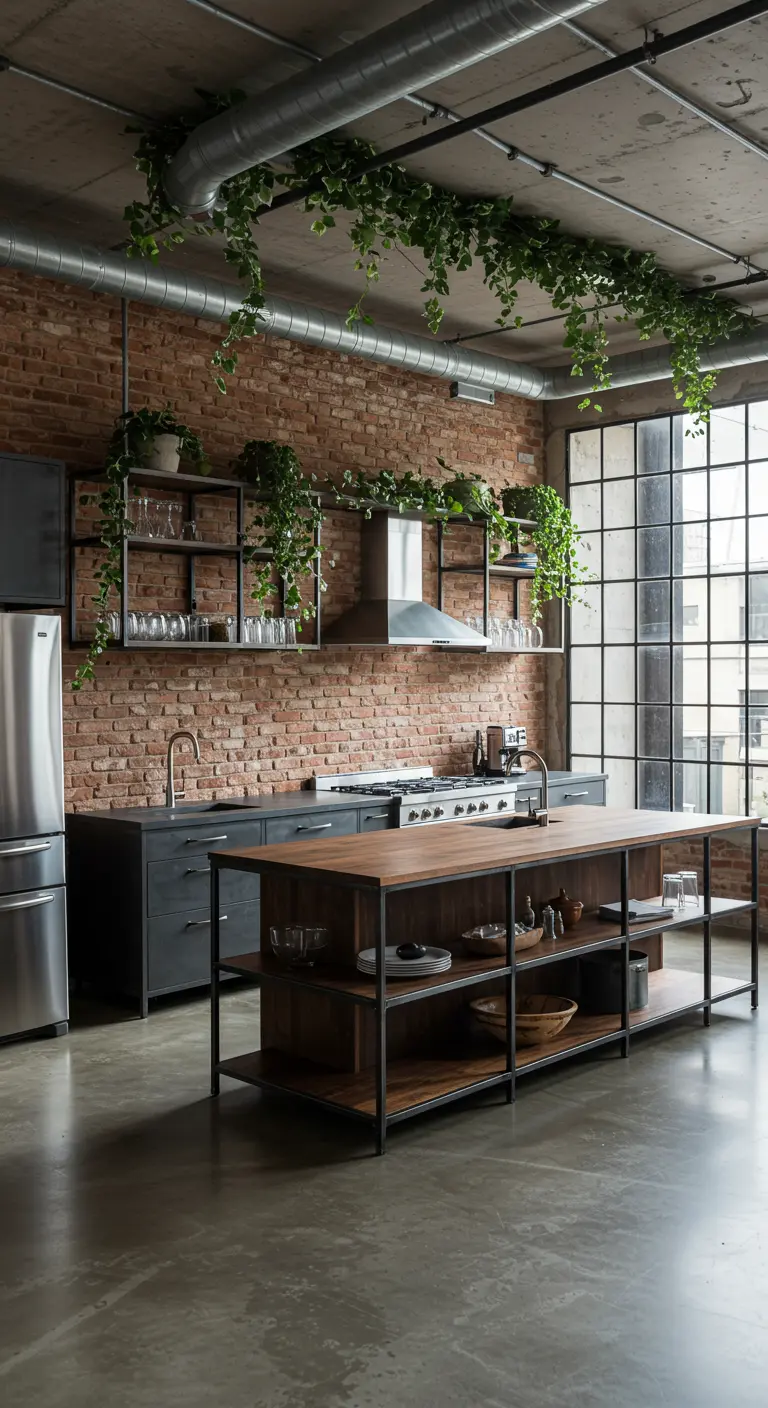 Cocina industrial con pared de ladrillo, estanterías de acero y plantas trepadoras en los tubos.