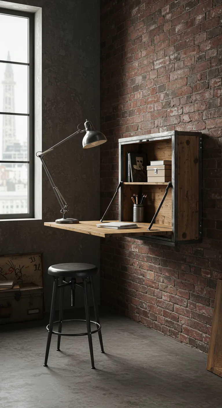Escritorio plegable de pared con estilo industrial, madera y metal, contra una pared de ladrillo.