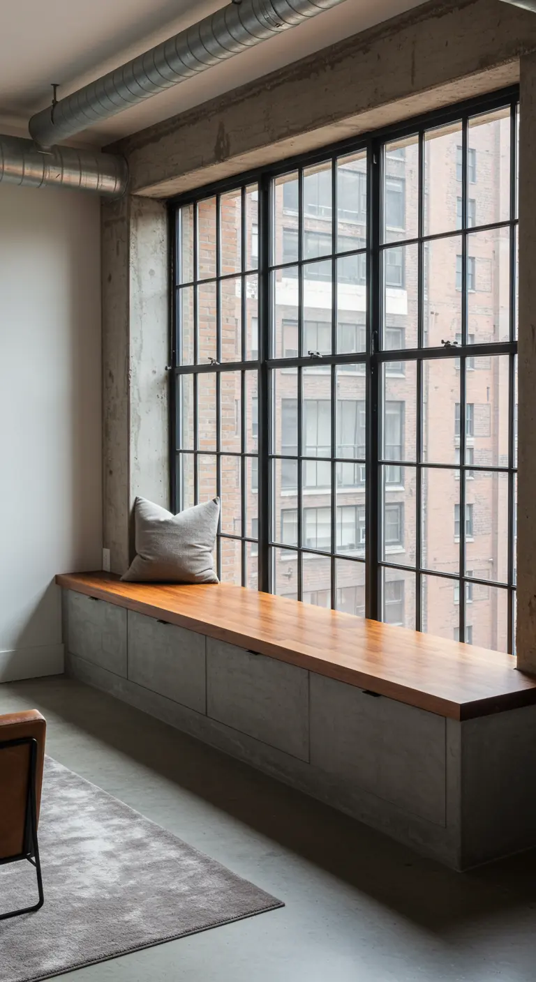 Banco de ventana largo con base de hormigón y tapa de madera en un loft industrial.