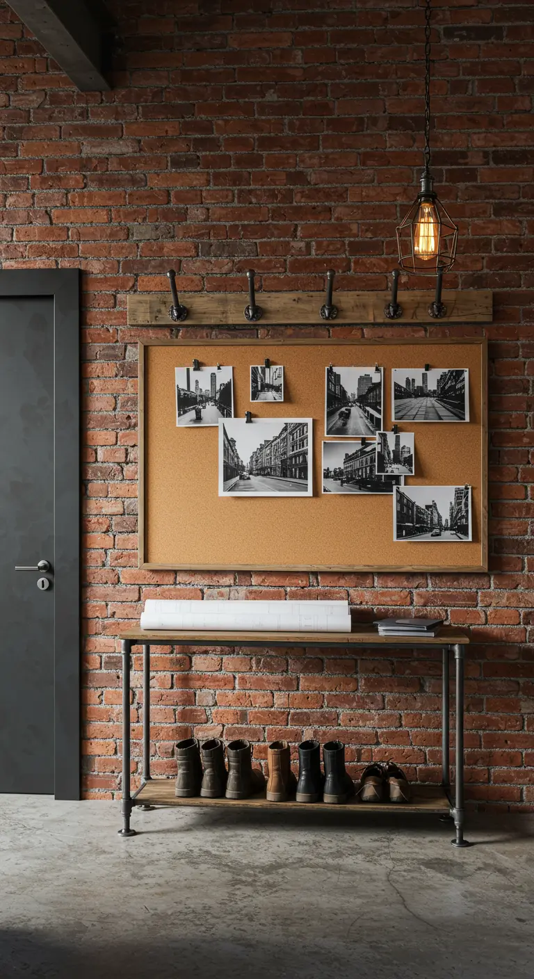 Recibidor de estilo industrial con pared de ladrillo, perchero de tuberías y tablero de corcho.