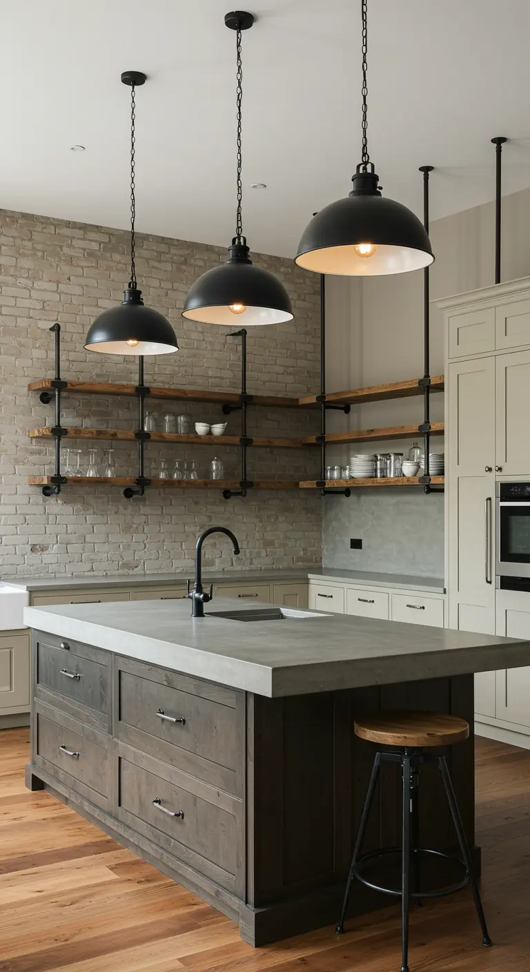Cocina industrial con pared de ladrillo, estanterías de tubería y encimera de hormigón.