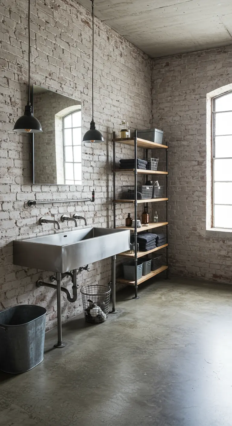 Baño de estilo industrial con pared de ladrillo, lavabo de acero y estanterías de metal.