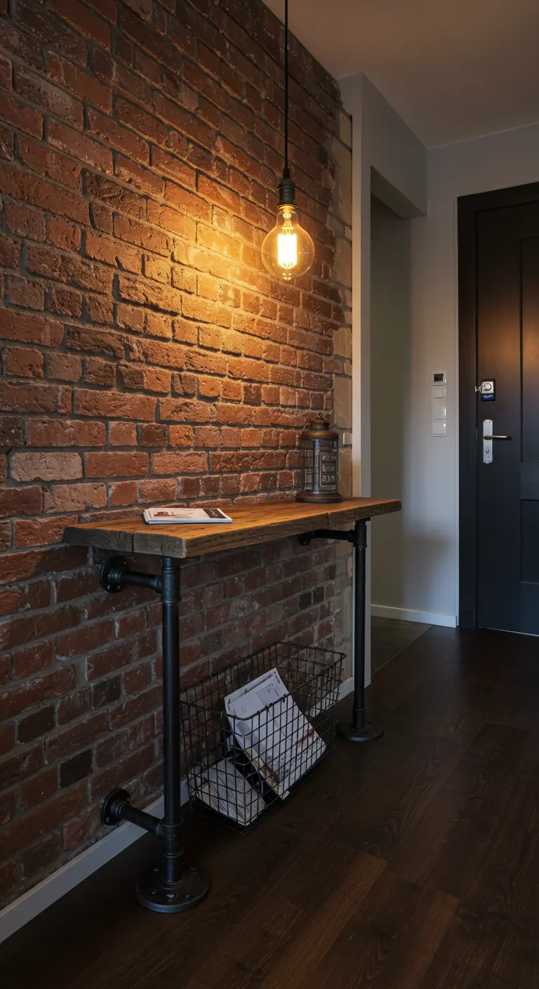 Consola de estilo industrial hecha con tuberías y madera, contra una pared de ladrillo visto.