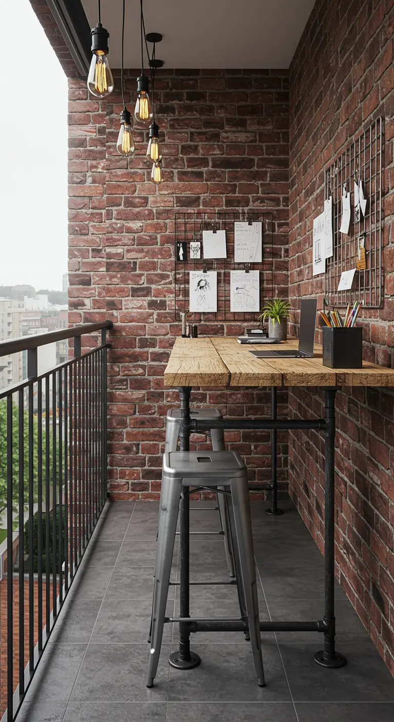 Oficina de estilo industrial en balcón con pared de ladrillo y escritorio de madera y metal