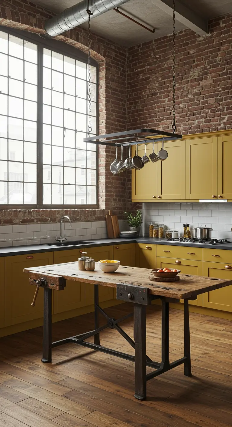Cocina industrial con gabinetes mostaza, pared de ladrillo y mesa de trabajo de madera rústica.