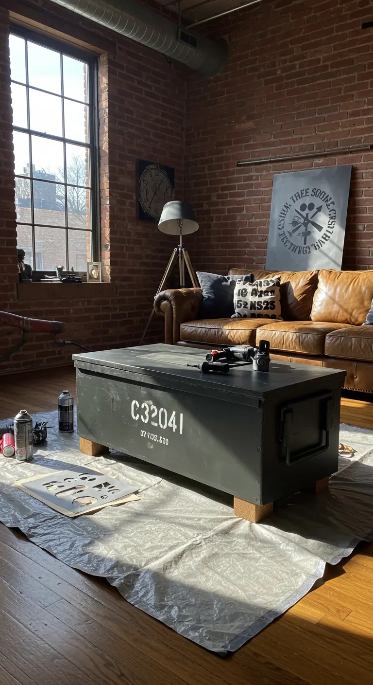 Baúl metálico negro mate con letras blancas en estarcido, en un salón estilo loft industrial.