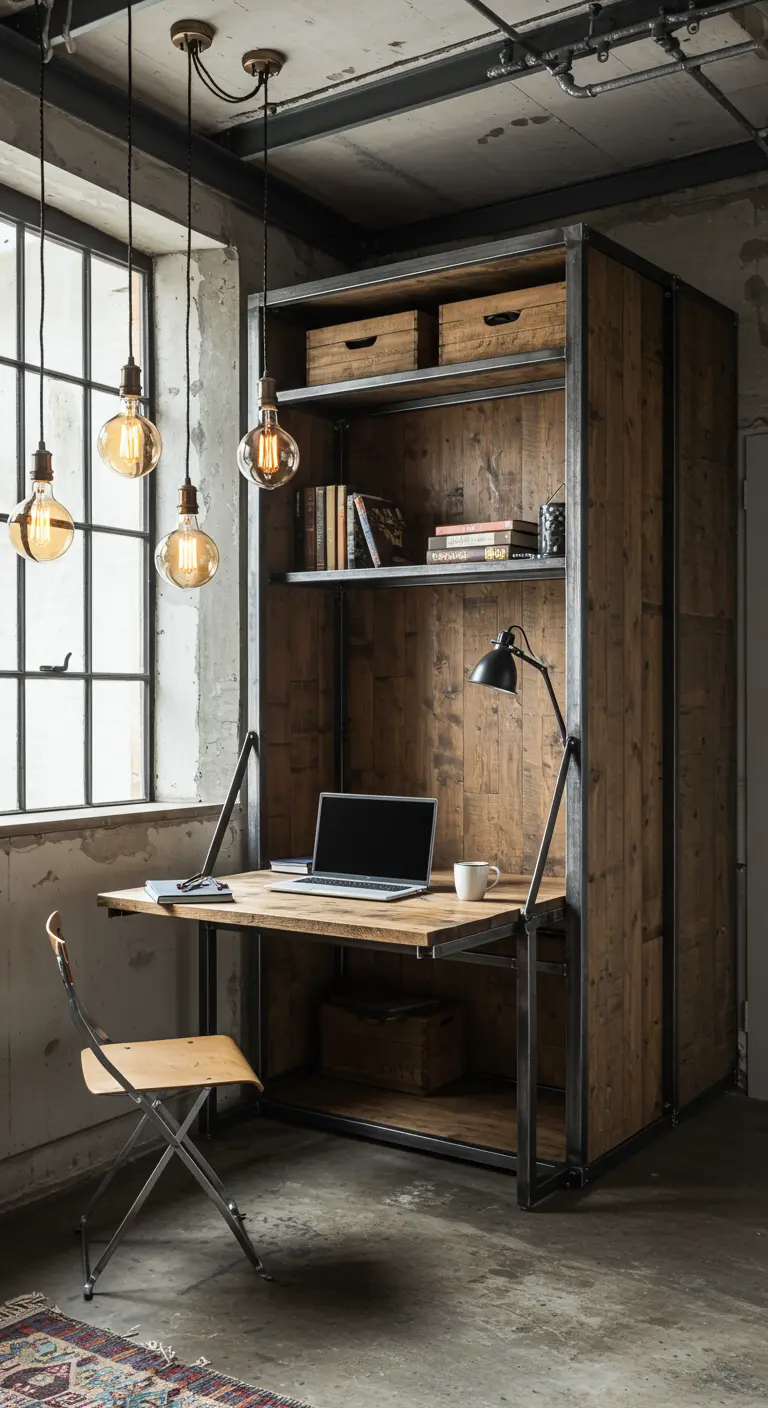 Mueble industrial de madera y metal con un escritorio plegable y cama abatible.