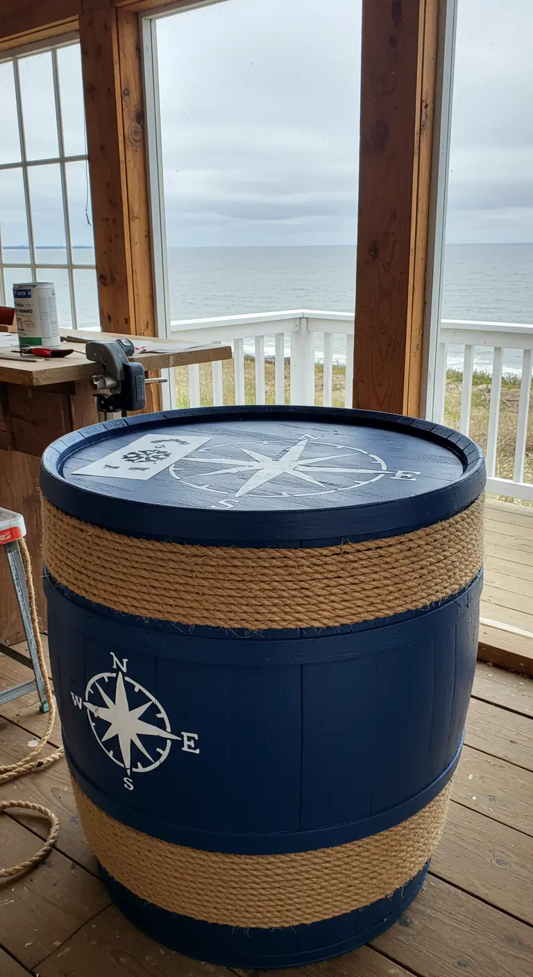 Barril pintado de azul marino con detalles de cuerda y una rosa de los vientos en la tapa