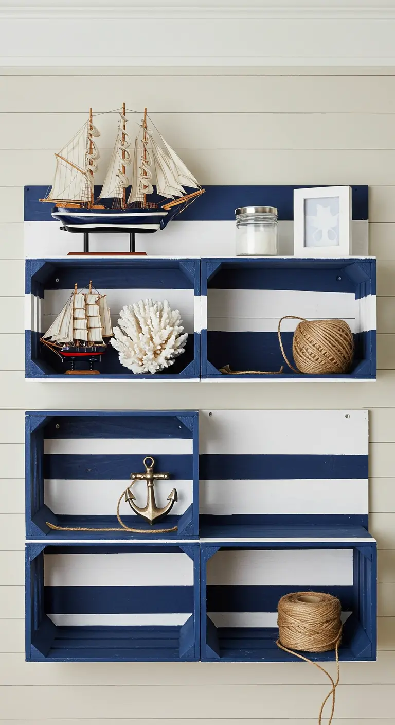 Estantería de estilo náutico con cajas de madera pintadas a rayas azules y blancas.