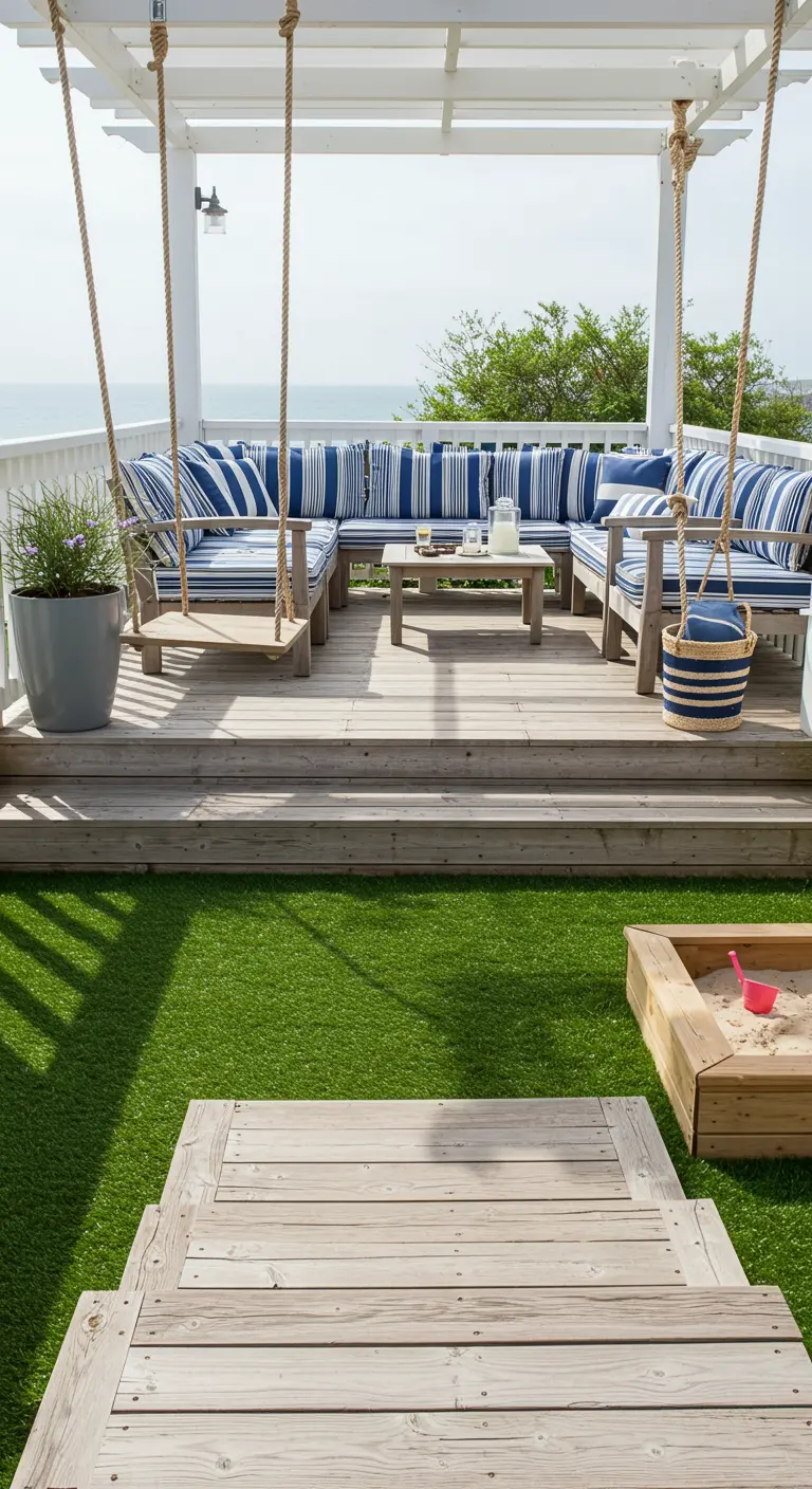 Terraza de estilo náutico con sofás a rayas, columpios colgantes y un arenero en el césped