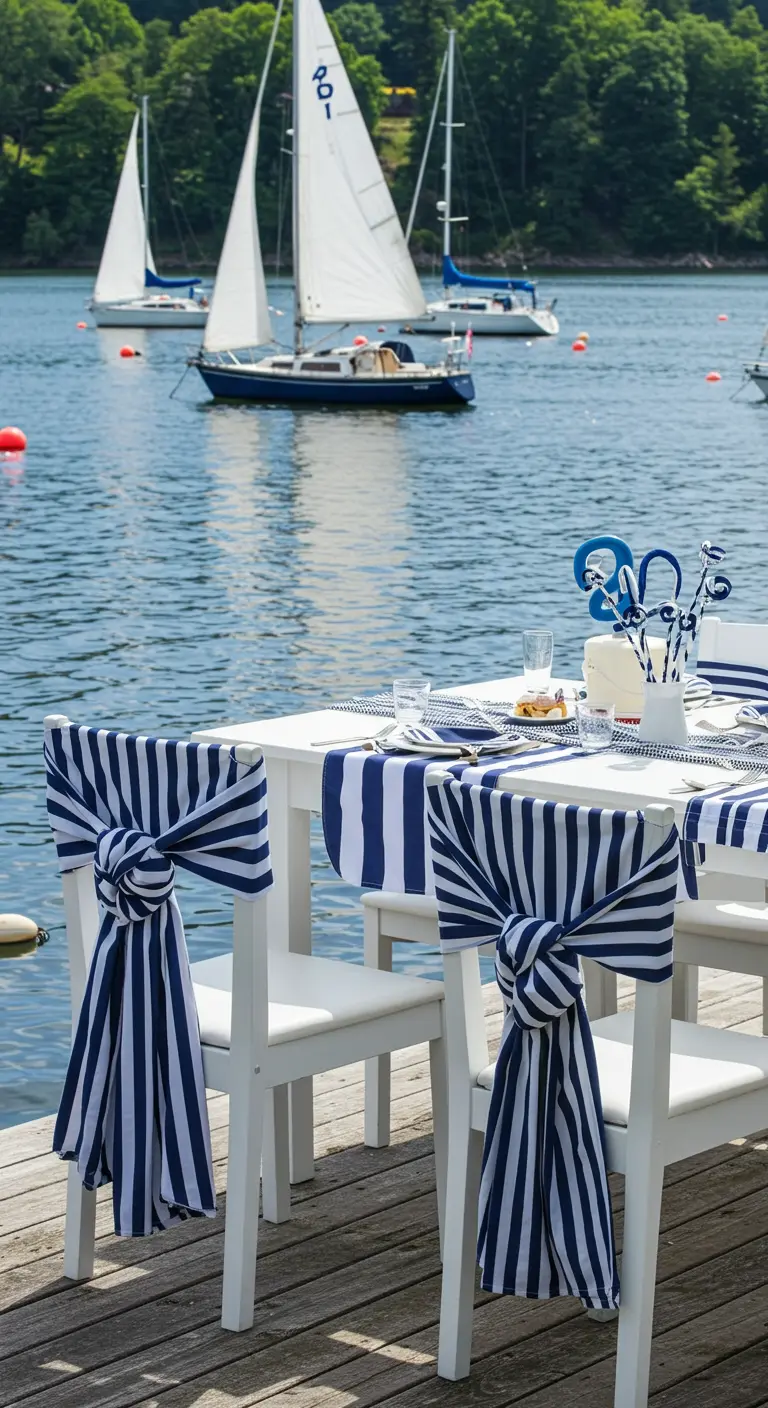 Sillas blancas en un muelle decoradas con lazos de tela de rayas azul marino y blancas.
