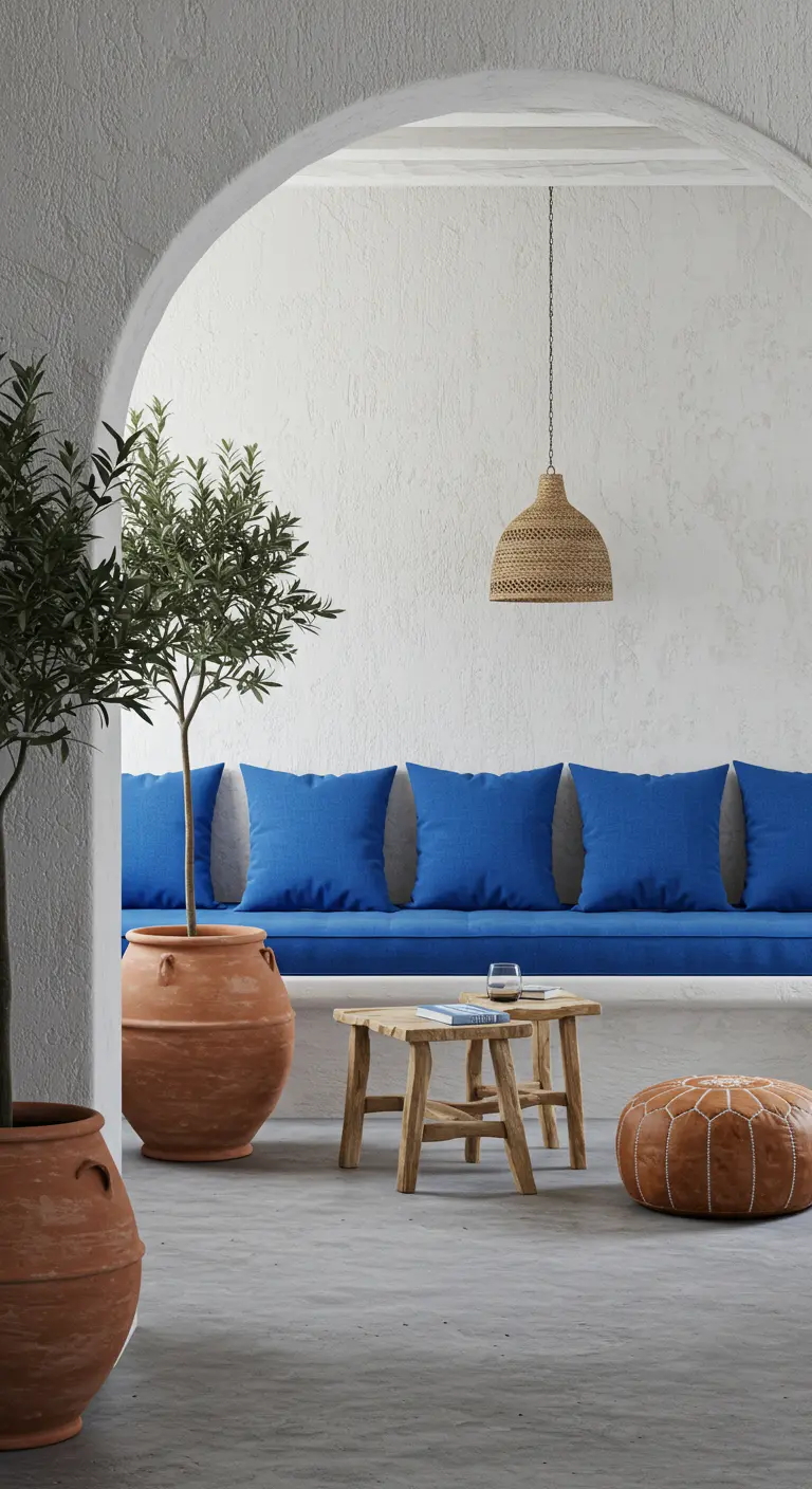 Espacio de inspiración mediterránea con sofá de obra, cojines azul cobalto y macetas de terracota