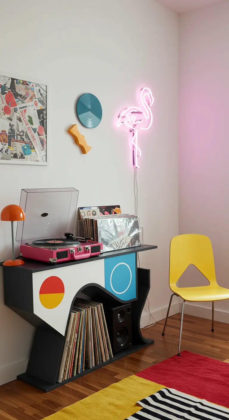 Consola de música de diseño Memphis con formas geométricas, un neón de flamenco y una silla amarilla.