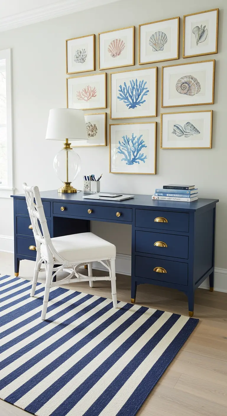 Oficina de estilo náutico con escritorio azul marino y una pared de galería con ilustraciones de conchas y corales.