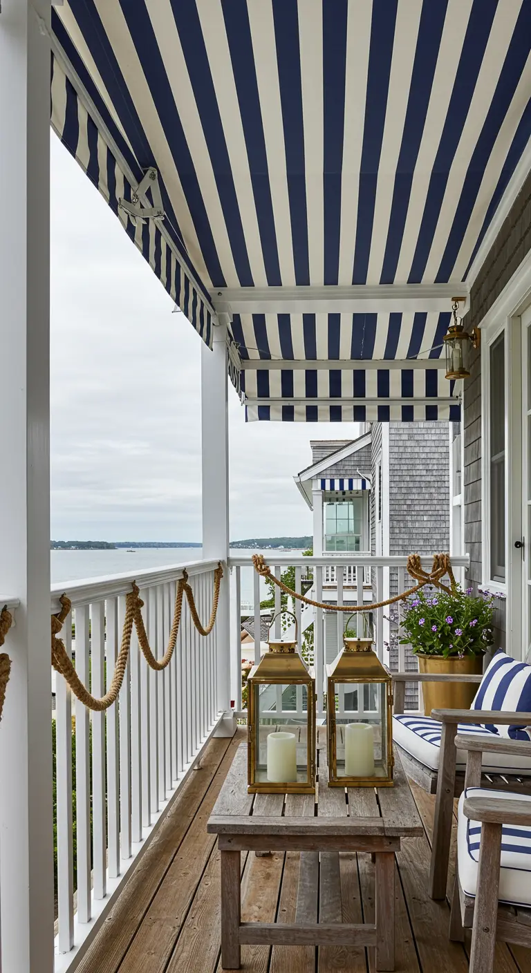 Balcón de estilo náutico con un toldo de rayas azules y blancas y detalles de cuerda.