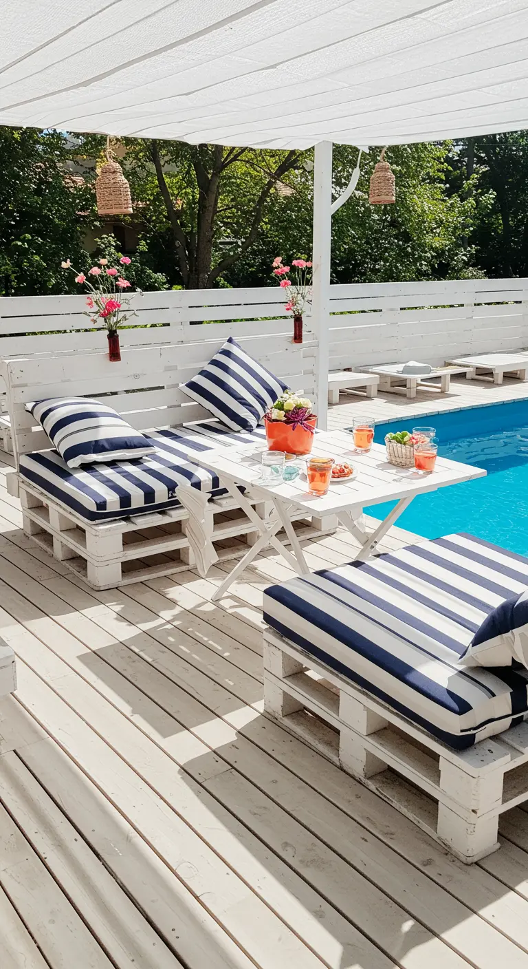 Muebles de palets blancos con cojines de rayas azules y blancas junto a una piscina.