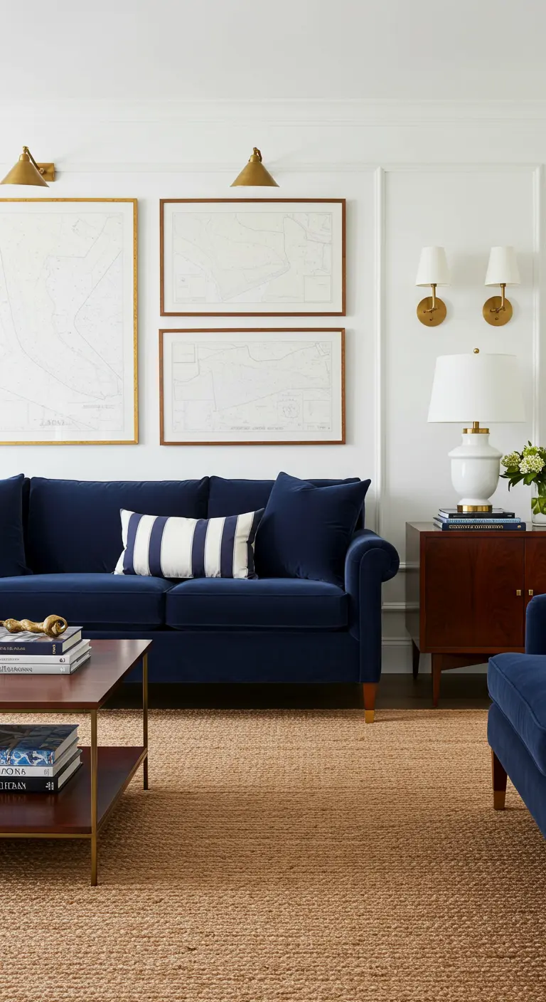 Salón de estilo náutico con sofá de terciopelo azul marino, alfombra de yute y mapas enmarcados.