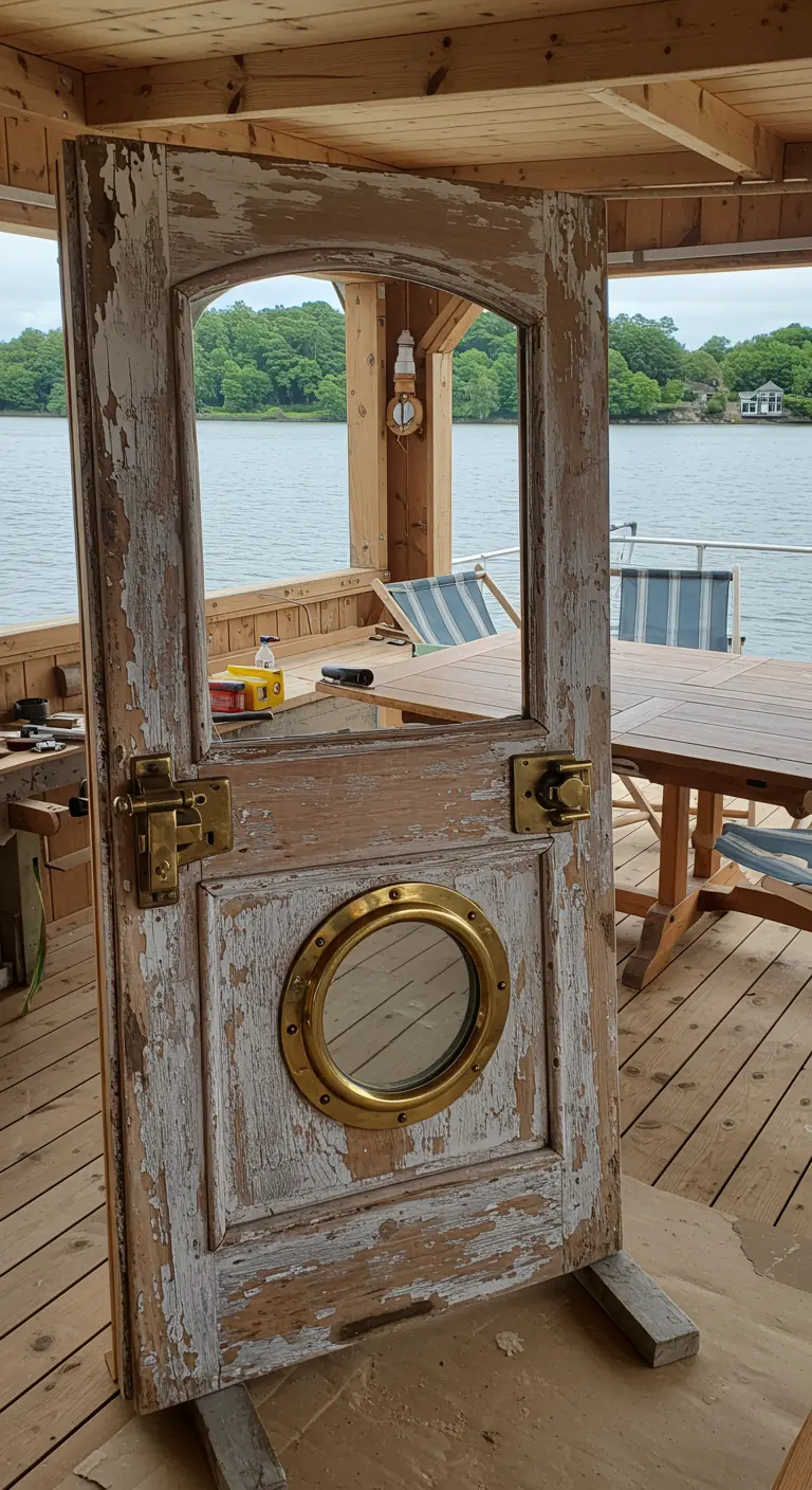 Puerta de barco vieja con un ojo de buey de latón, preparada para convertirse en una mesa.