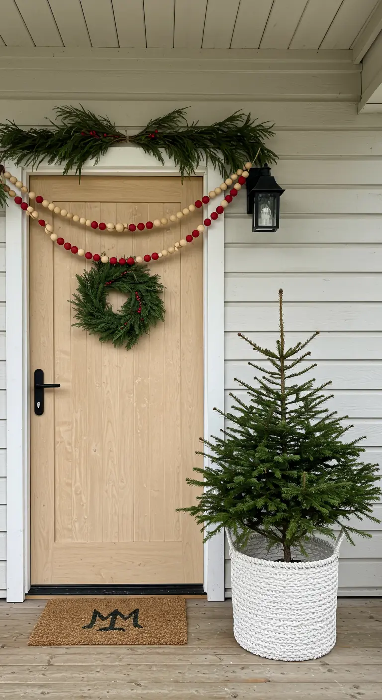 Puerta de madera clara con guirnalda de cuentas de madera y corona de pino.