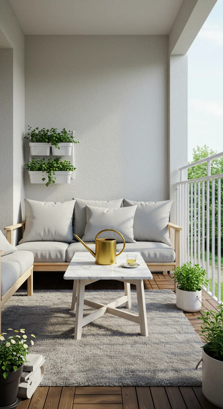 Balcón de estilo escandinavo con sofá de madera, cojines grises, alfombra y mesa de mármol.