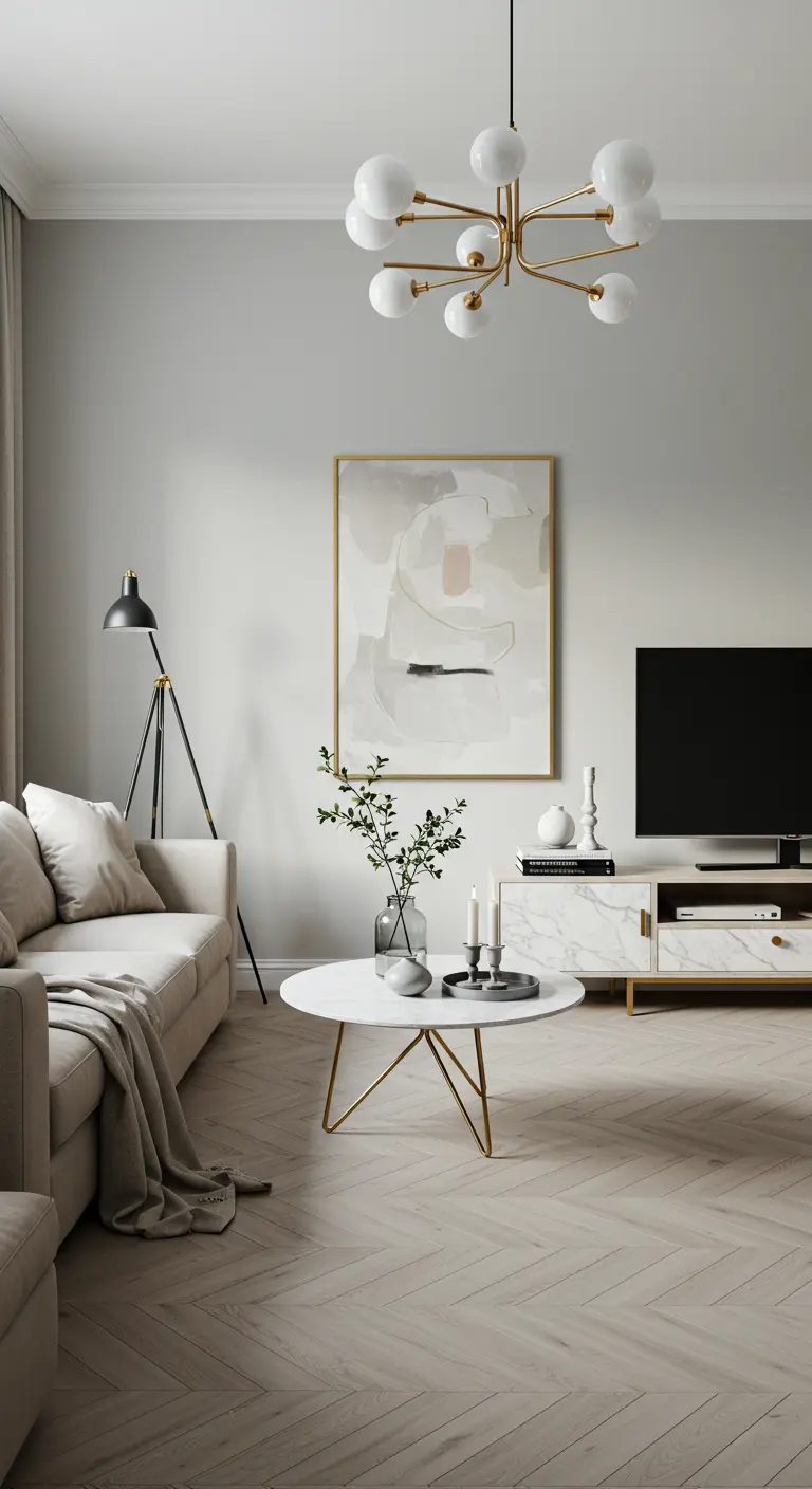 Sala de estar de estilo escandinavo con sofá gris y mueble de TV con detalles de mármol y oro