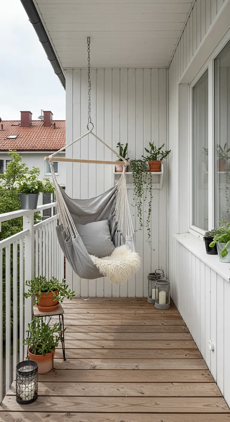 Balcón de estilo escandinavo con silla colgante gris, suelo de madera y plantas en macetas de terracota