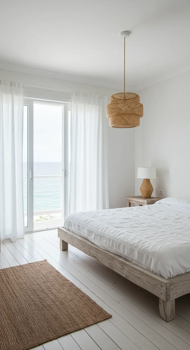Dormitorio blanco con cama de madera natural, lámpara de mimbre y vistas al mar