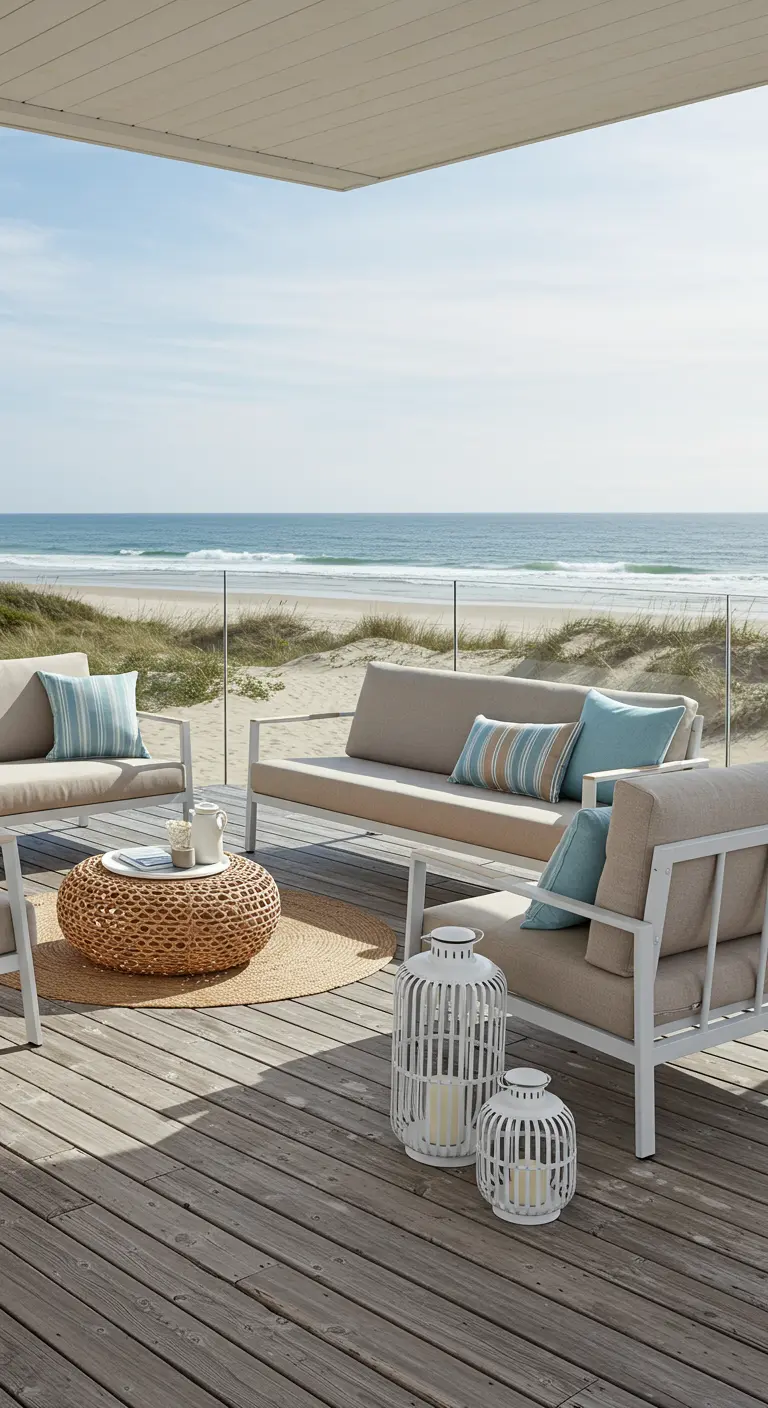 Terraza con vistas al mar, sofás de metal blanco, cojines beige y farolillos decorativos