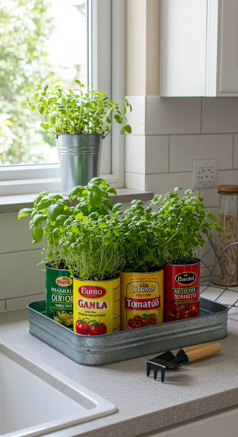 Mini huerto de hierbas en una cocina usando latas de comida con sus etiquetas originales.