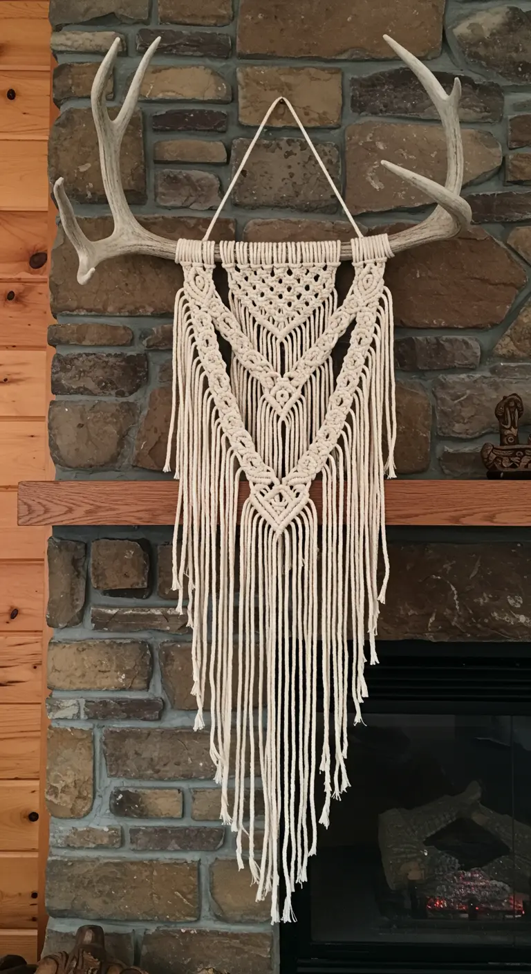 Tapiz de macramé de estilo rústico colgado de unas astas de ciervo sobre una chimenea de piedra.