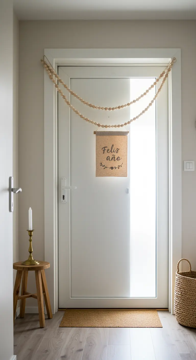 Puerta blanca minimalista con guirnalda de cuentas de madera y cartel 'Feliz Año'.