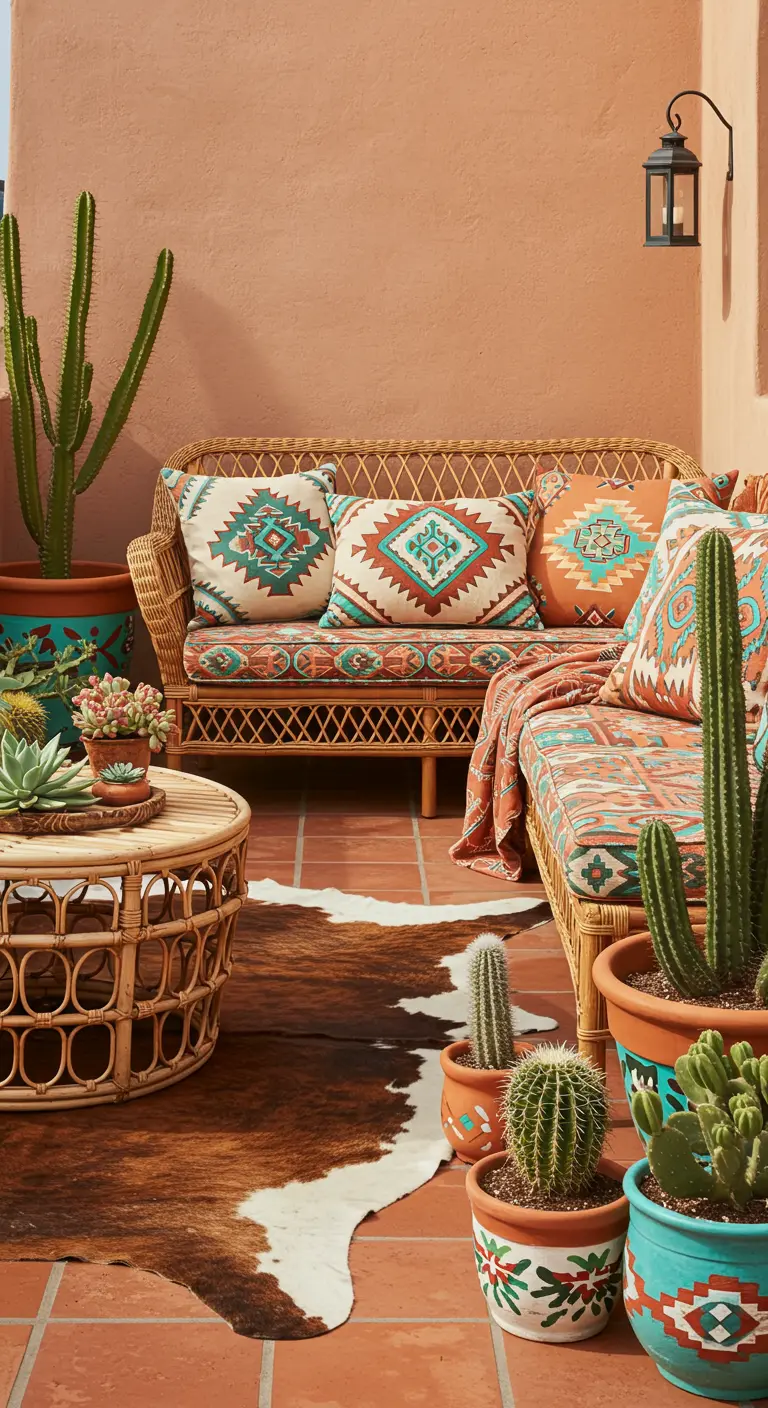 Terraza de estilo suroeste con paredes terracota, sofá de mimbre, cojines étnicos y cactus.