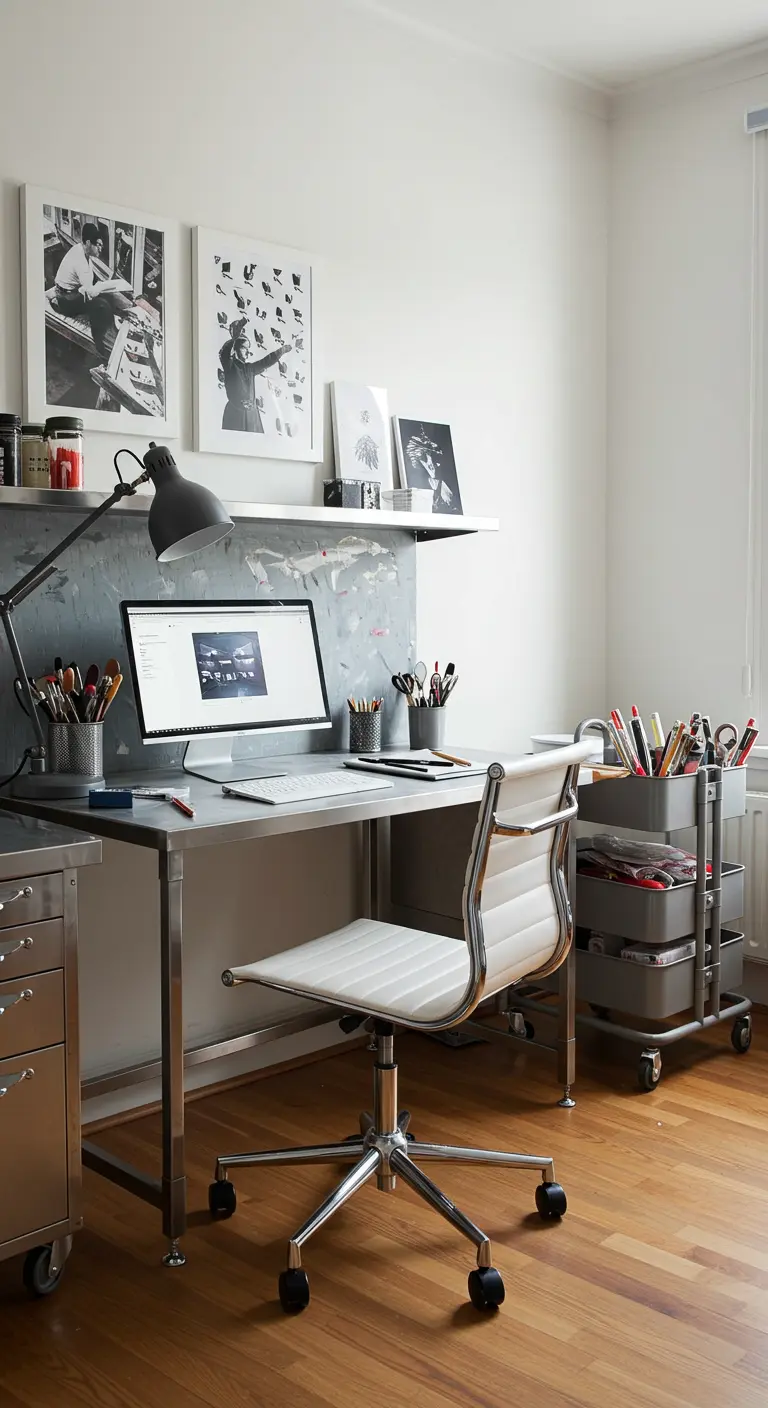 Estudio de diseño con escritorio y cajoneras de acero inoxidable, y un carrito de almacenaje con ruedas