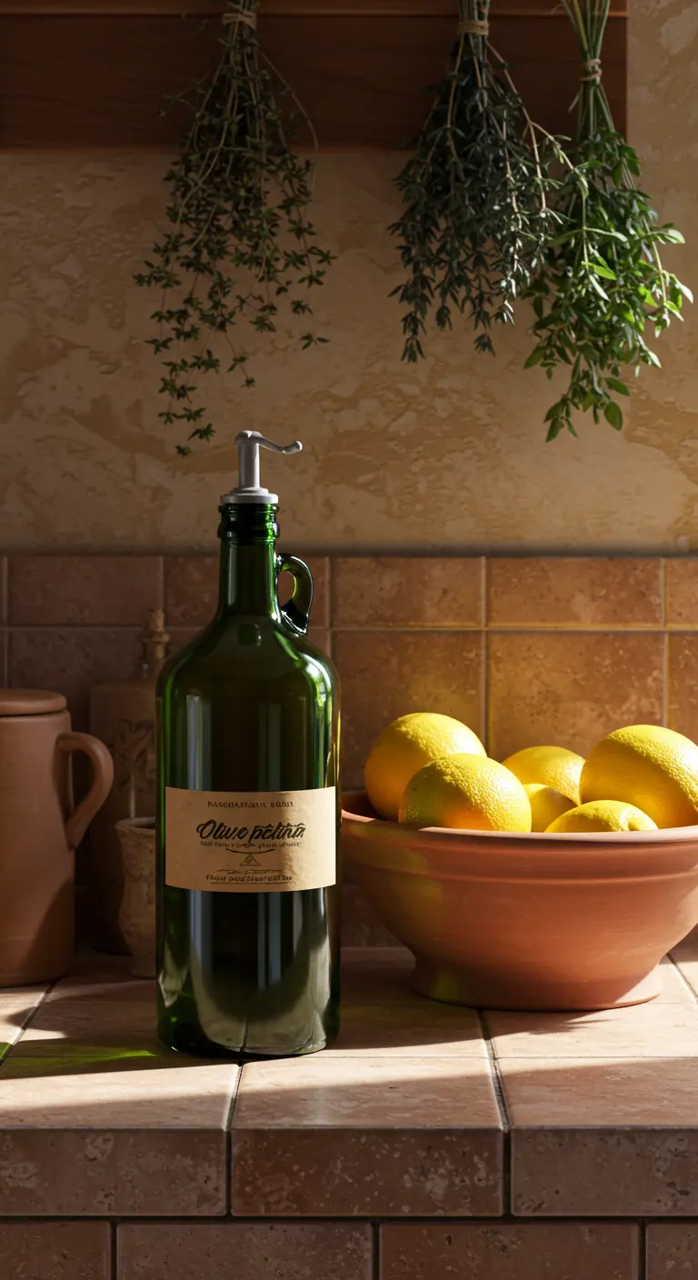 Botella de aceite de oliva verde oscuro reutilizada como dispensador de agua con dosificador.