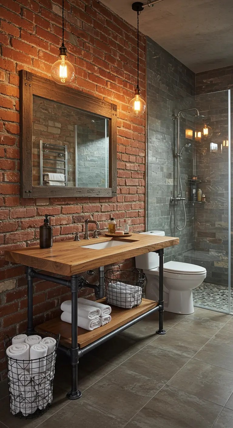 Baño industrial con pared de ladrillo, mueble de madera y tuberías, y bombillas Edison.