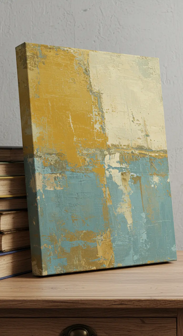 Cuadro abstracto con efecto desgastado en amarillo y azul.