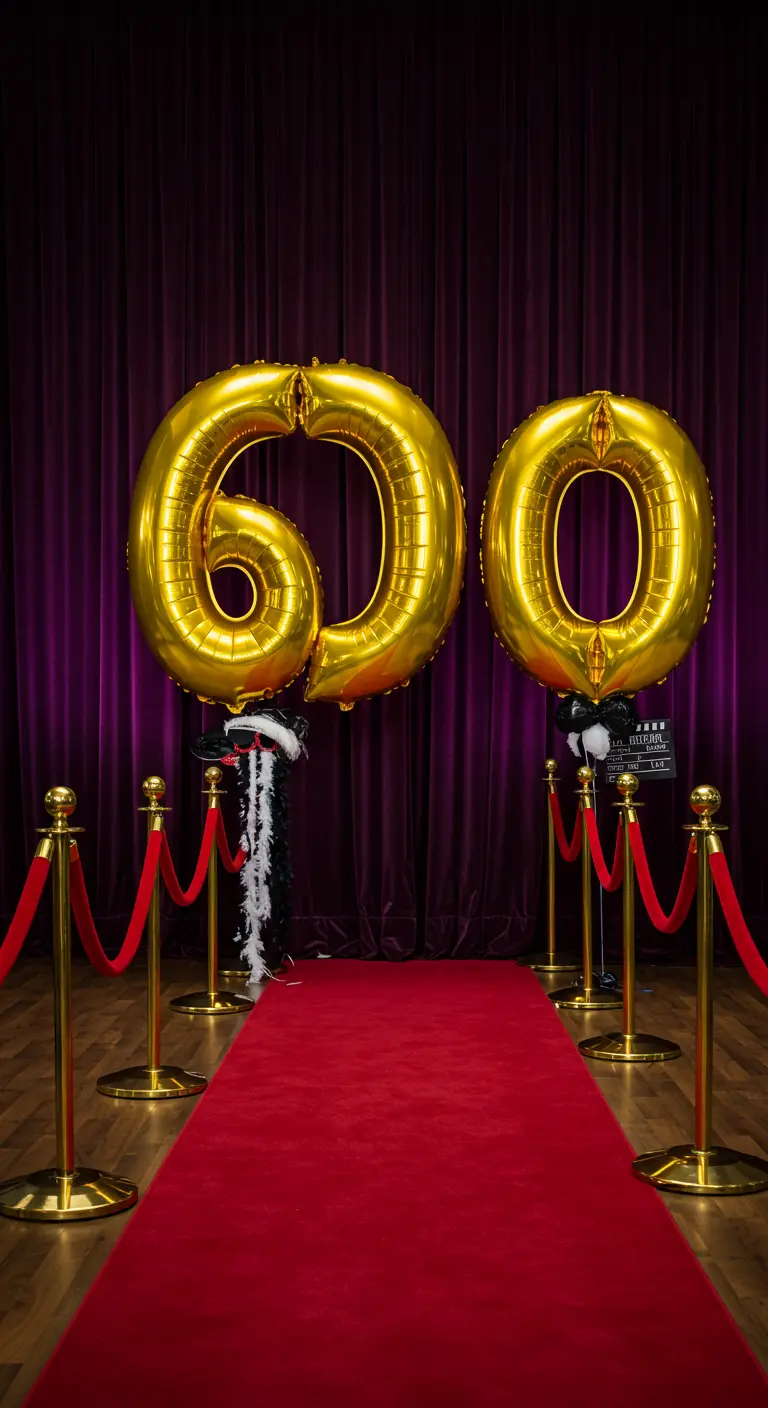 Globos dorados del número 60 con alfombra roja, postes dorados y cortina de terciopelo.