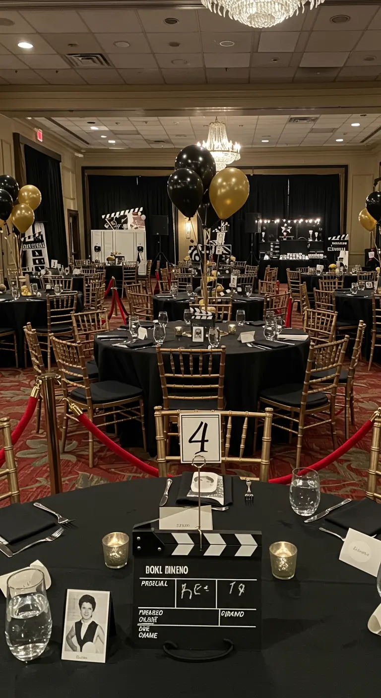 Mesa de fiesta con temática de Hollywood, claqueta, globos dorados y una foto en blanco y negro.