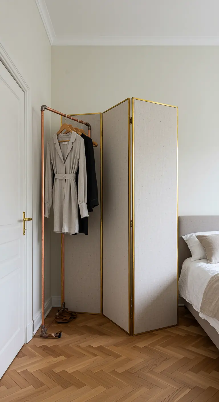 Perchero de tuberías de cobre y biombo con marcos de latón en un dormitorio.