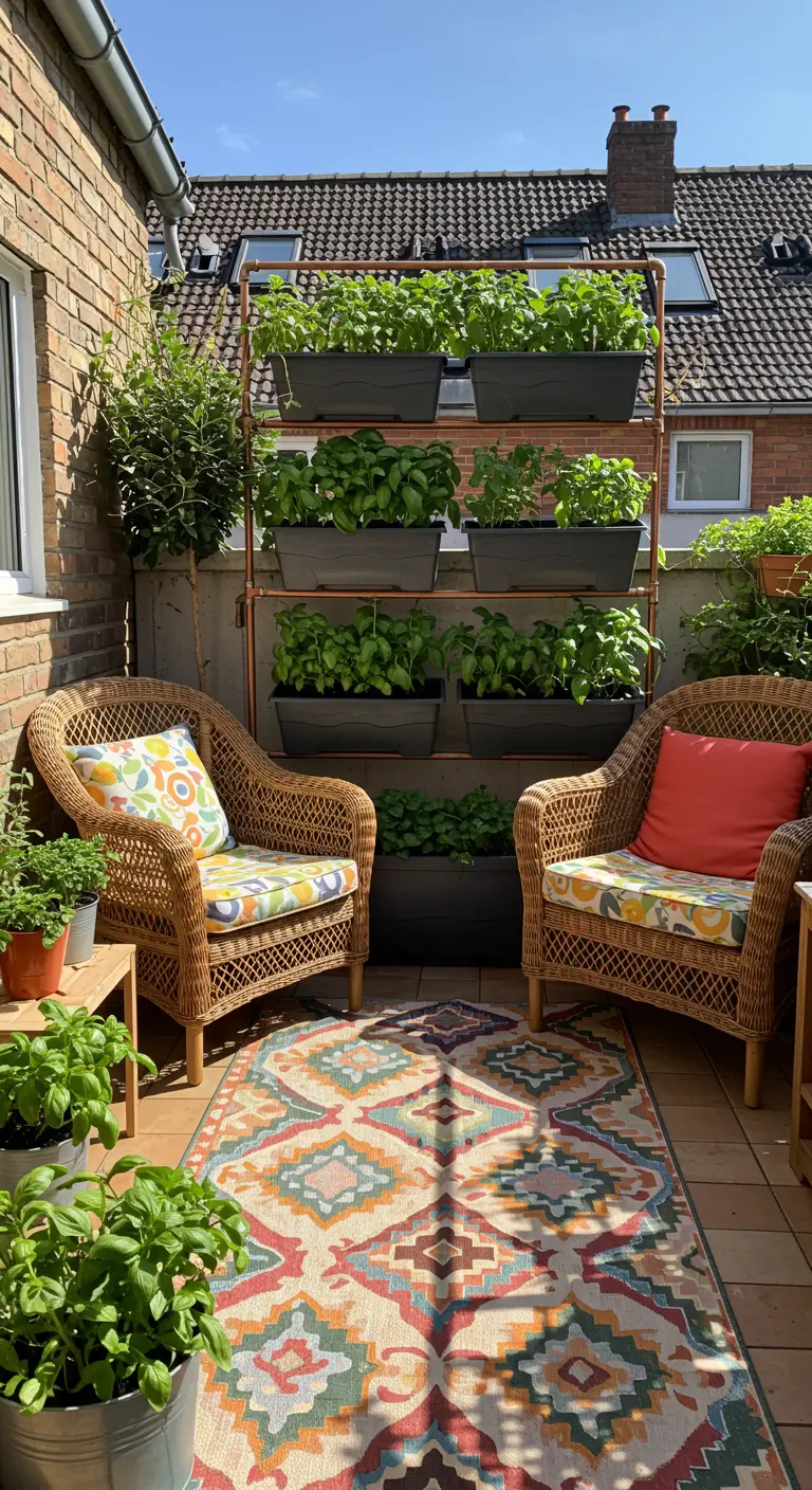 Estantería de tubos de cobre con jardineras negras en un balcón acogedor.