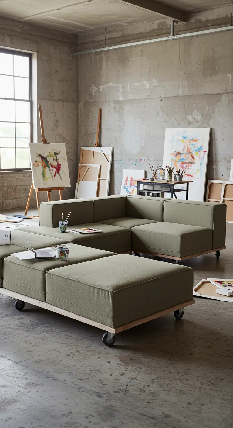 Sofá modular verde oliva con ruedas en un estudio de arte industrial con lienzos al fondo.