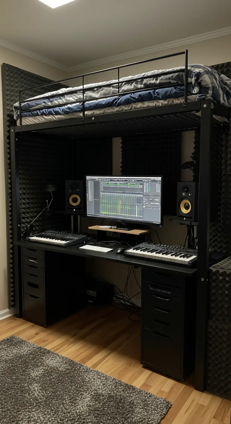Cama alta de metal con un estudio de música debajo, paredes con espuma acústica y equipo de sonido