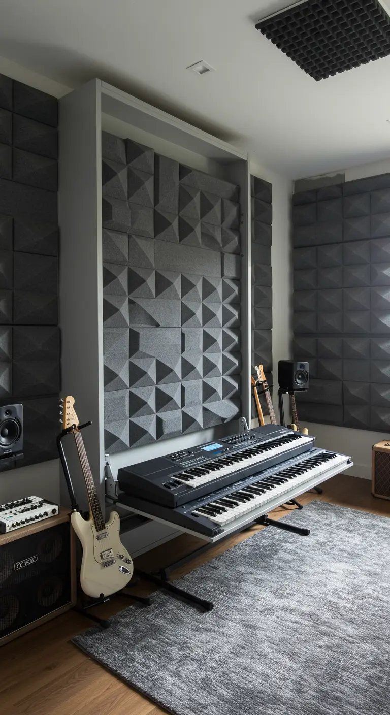 Cama abatible oculta detrás de paneles acústicos en un estudio de música.