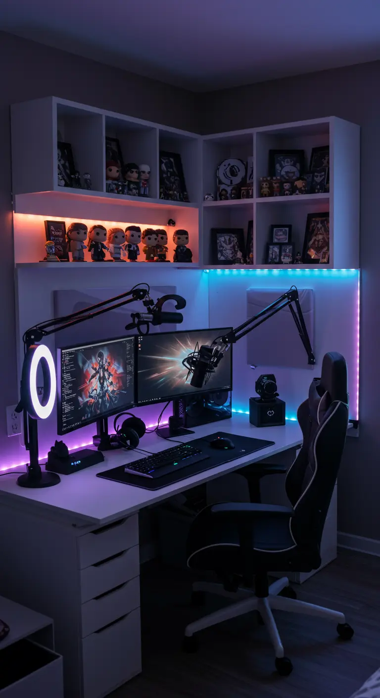 Setup de streaming con micrófonos, ring light, múltiples monitores y estanterías con figuras.
