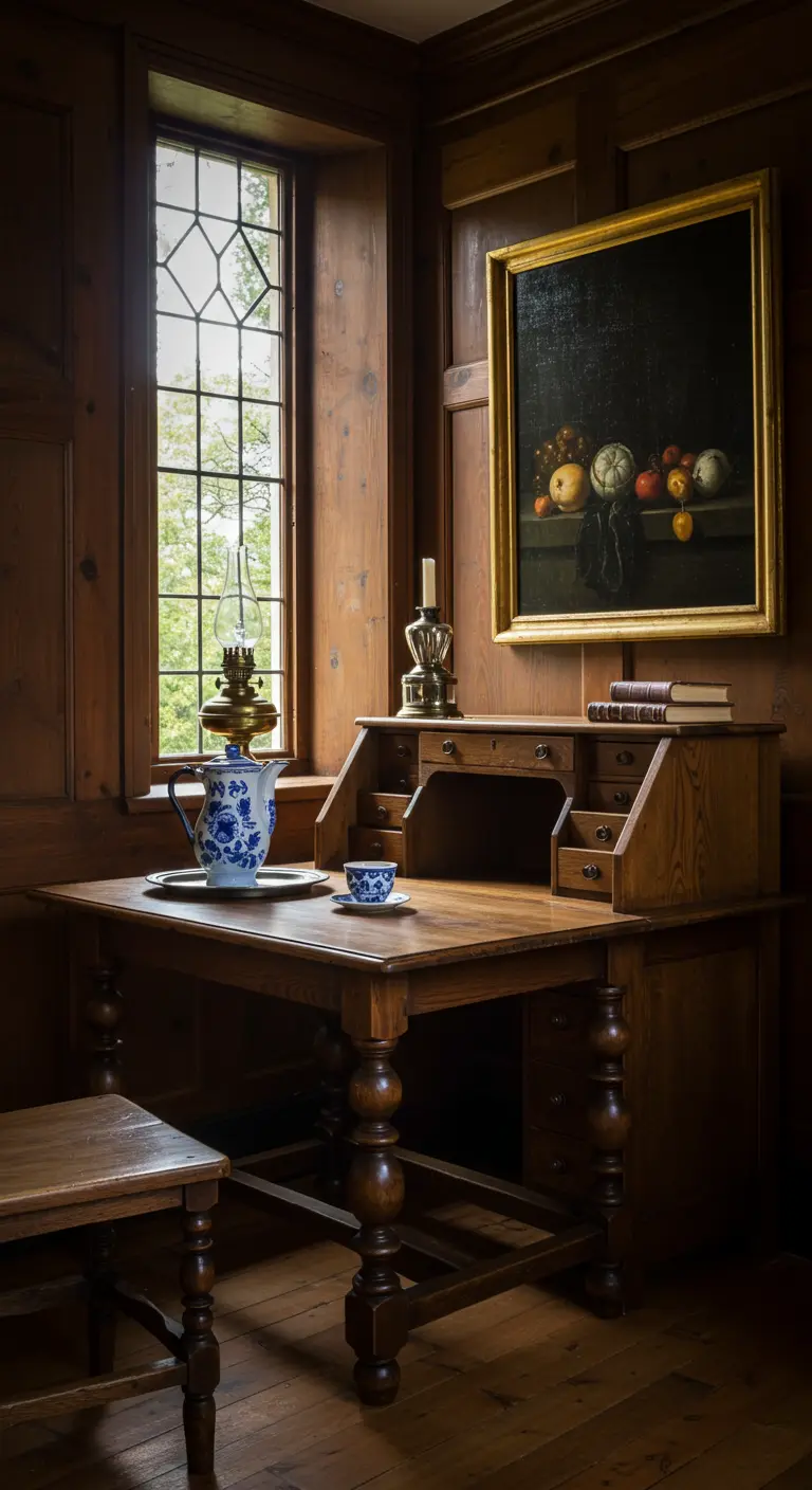 Escritorio de madera oscura junto a una ventana, con un cuadro de naturaleza muerta.