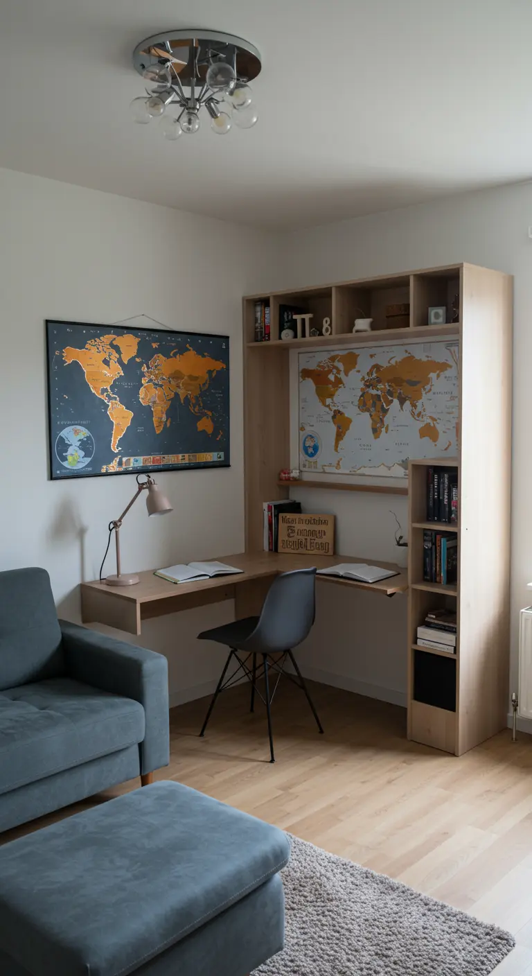 Zona de estudio integrada en el salón con una estantería de madera que enmarca el escritorio.