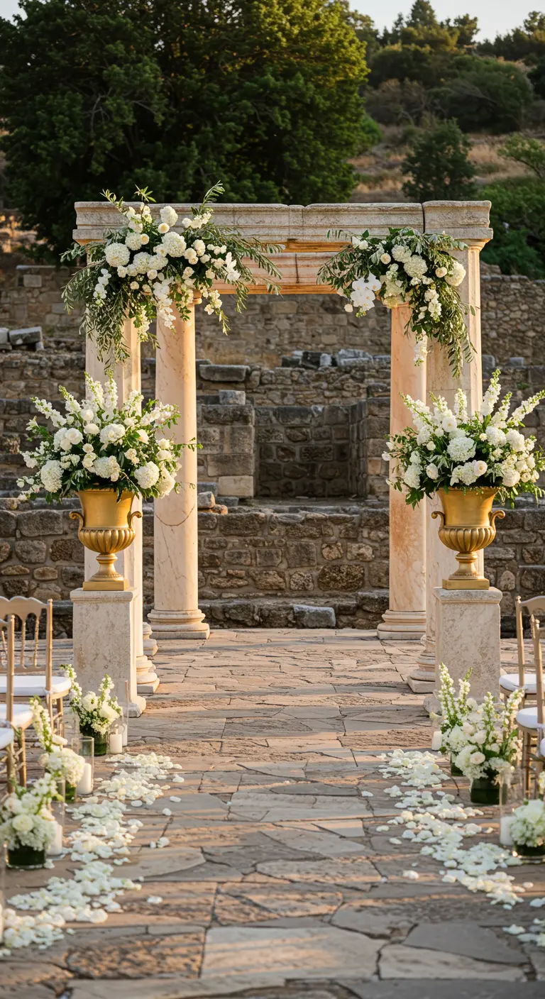 Altar de boda con columnas de piedra y flores blancas en unas ruinas antiguas.