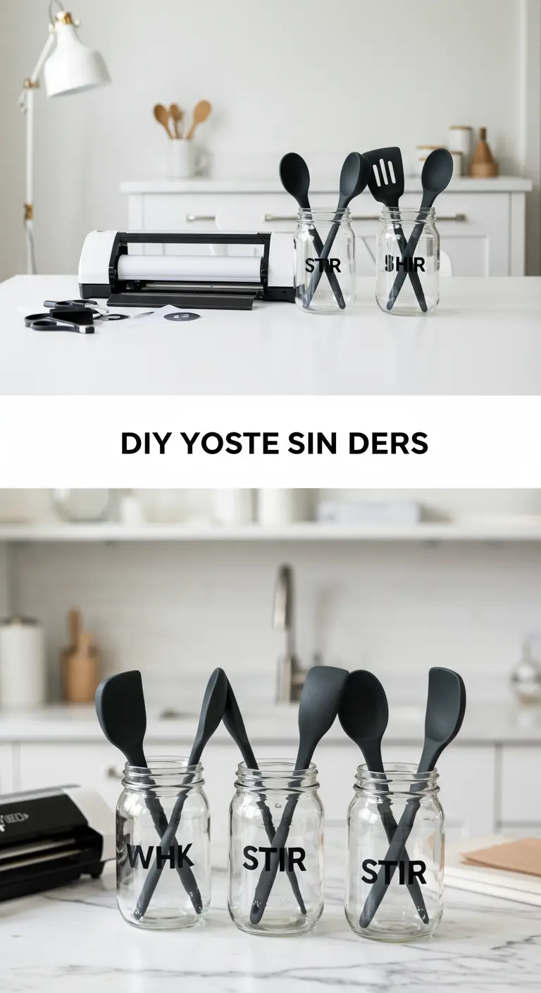 Frascos de vidrio con etiquetas de vinilo negro para organizar utensilios de cocina modernos.